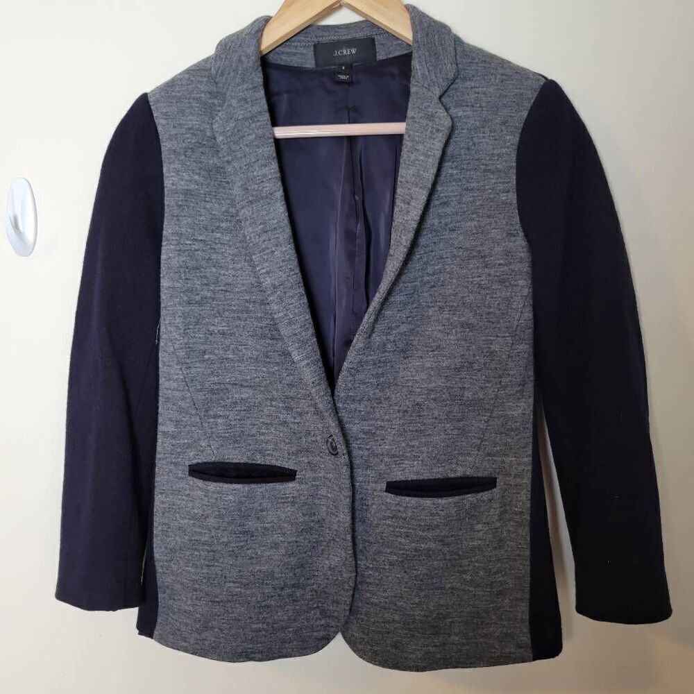 J Crew 11386 Contrast knit wool blend blazer Jacket Gray Black One Button 2
